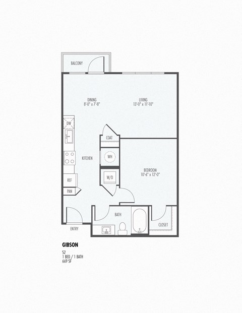 Floor plan for 1 bed, 1 bath, 669 sqft